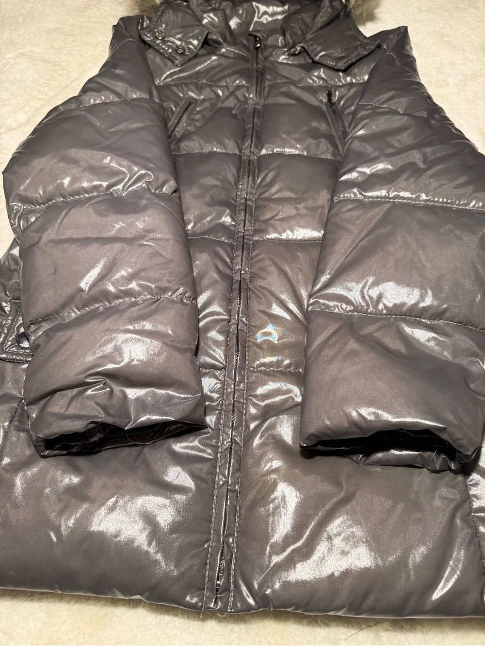Zara Girls Gray Puffer Stitched Faux Fur Trim Hooded full zip Jacket size 13/14